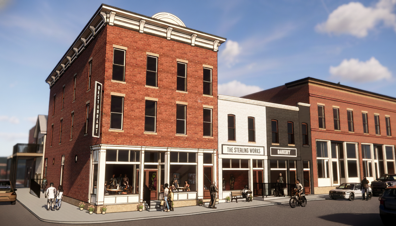 The Sterling Works - Historic Clock & Boyd Commons building exterior