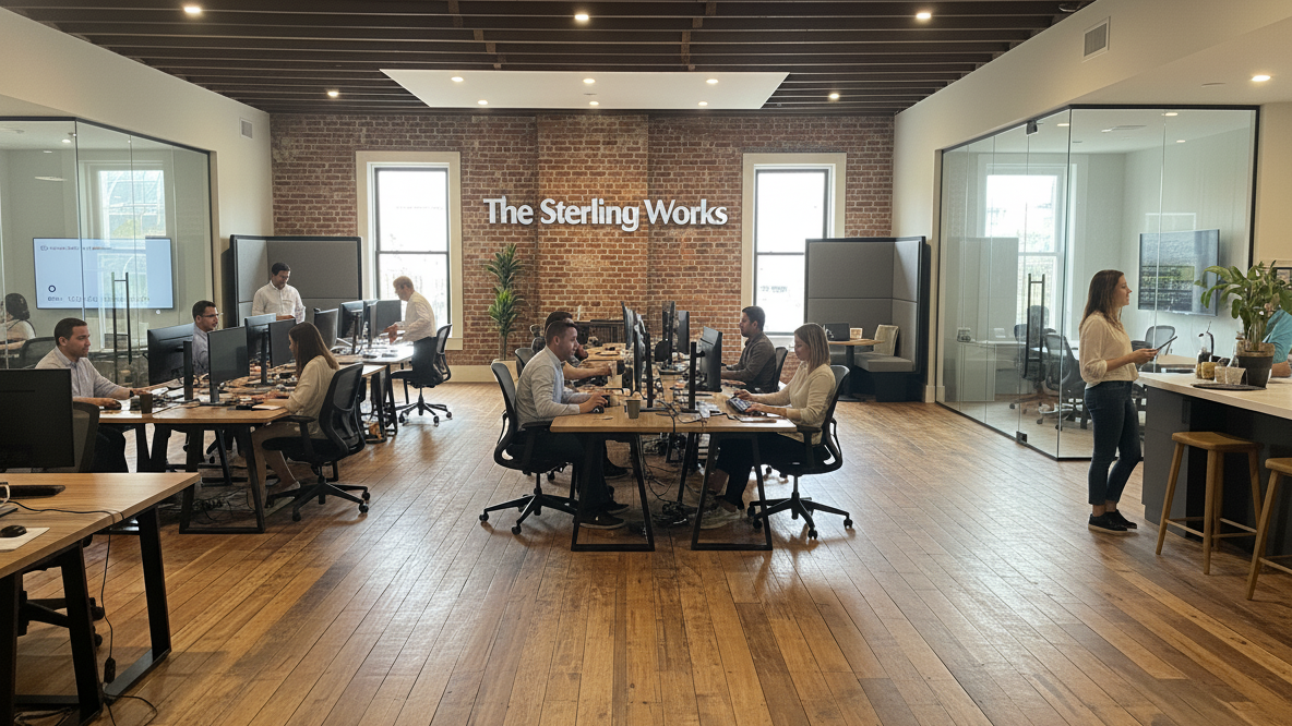 The Sterling Works interior - Open coworking space with exposed brick walls